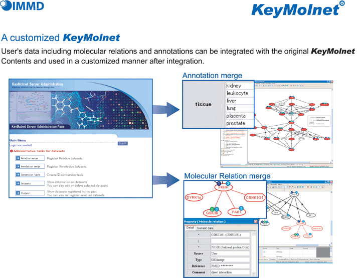 Userfs data including molecular relations and annotations can be integrated with the original KeyMolnet Contents and used in a customized manner after integration.
